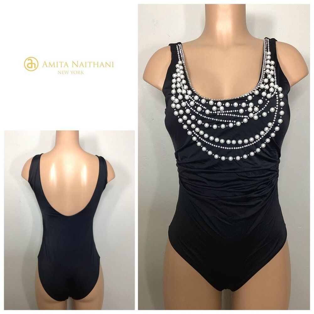 New. Amita Naithani black pearls and rhinestone swimsuit. Large. Retails $169 - Picture 2 of 8
